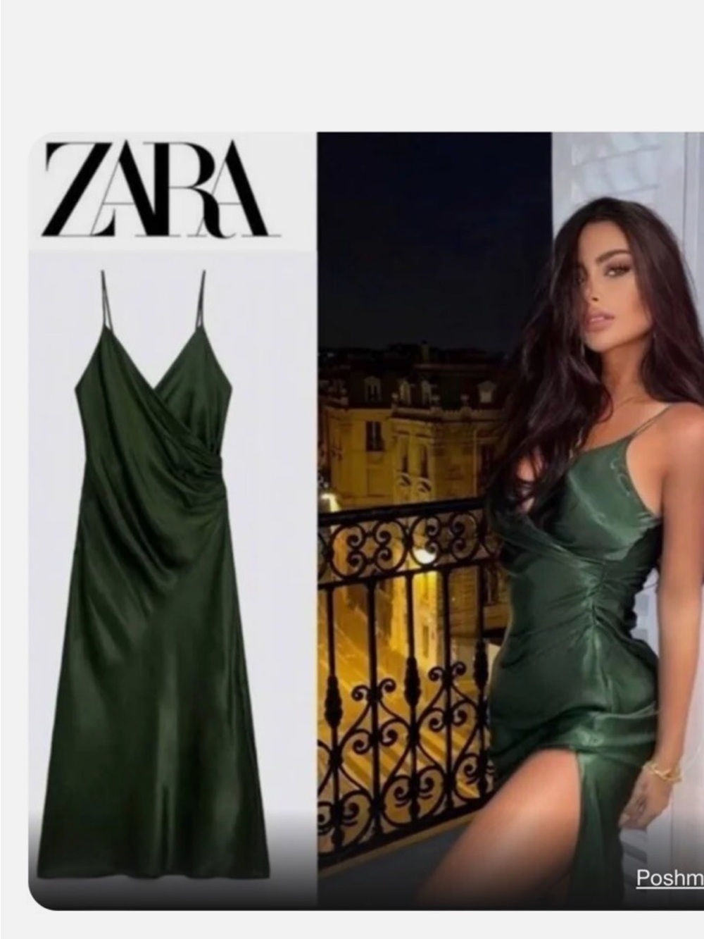 ZARA Dark Green Satin Strapless Slip Dress